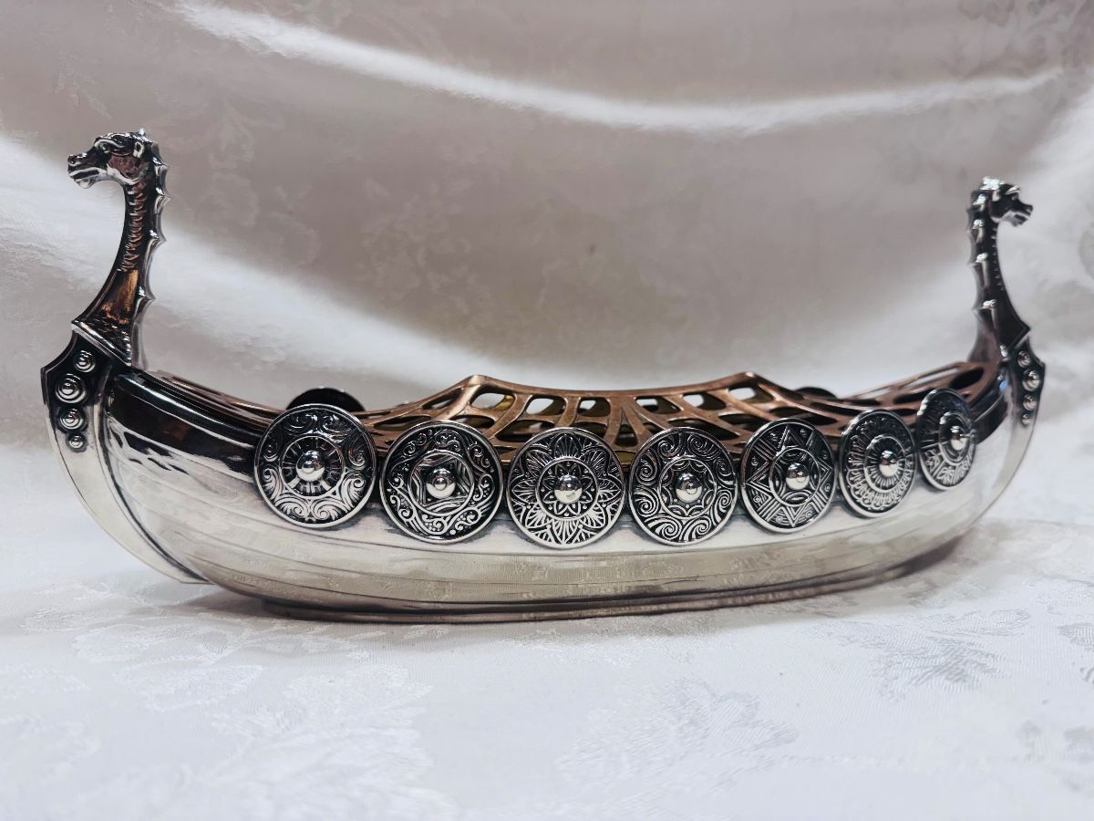 Antique Gorham sterling silver Viking longship centerpiece, circa 1900-1920s