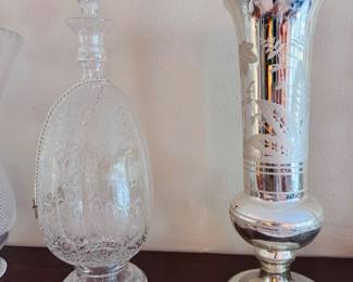 Antique 1920s Mercury glass vase / Antique etched decanter
