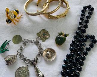 Sterling Silver charm bracelet, costume gold cuff bracelets, black moonstone necklace