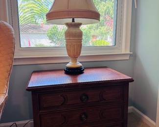 Antique carved marble lamp and 3 drawer bedside table