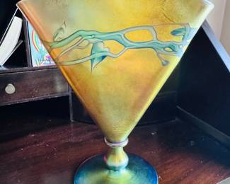 Steuben decorated gold Aurene glass fan vase
