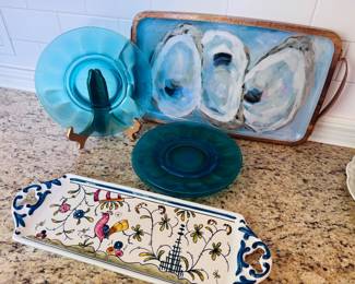 Portuguese painted pottery, aqua depression glass, oyster platter
