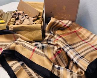 Burberry silk scarf and Burberry Bear purse clip