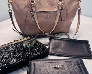 Coach purse, wallets, beaded peacock evening clutch