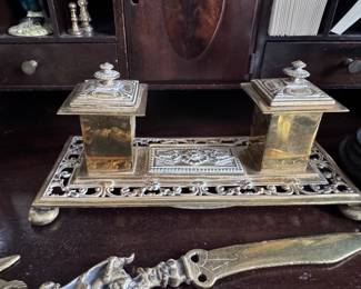 Antique brass ink well desk set