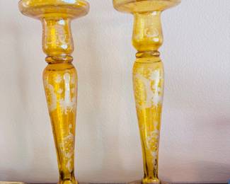 Antique Bohemia Art Glass candle stick pair