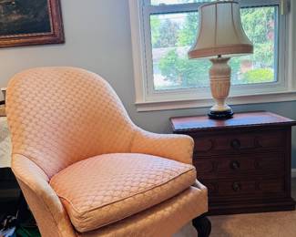 Antique upholstered armchair in blush pink scallop shell upholstery