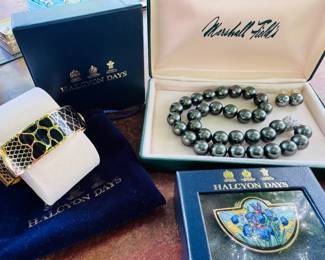 Halcyon Days jewelry, black pearl necklace and earrings