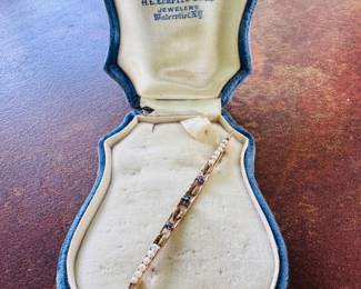 Antique 1920s Art Deco gold, pearl and sapphire pin