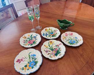 Collection of 5 vintage Italian handprinted floral plates / handprinted stemware