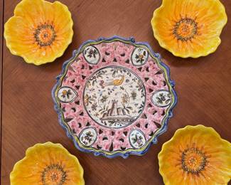 Handpainted Portuguese plate, Mascara Poppy flower plate set