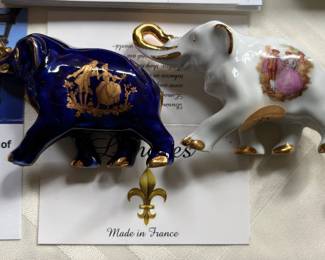 Limoge France Porcelain Elephant Figurine 22K Gold Paint and a Fragonard "Courting Couple" design