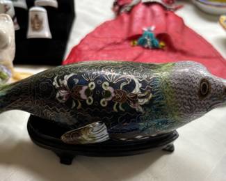 Chinese Cloisonne Seal Figurine w/intricate blue, pink and green enamel designs and golden floral motifs