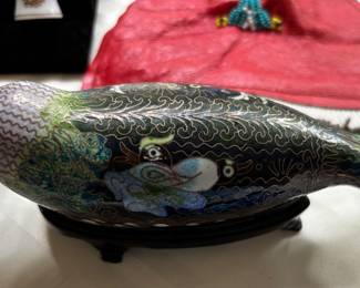 Chinese Cloisonne Seal Figurine w/intricate blue, pink and green enamel designs and golden floral motifs