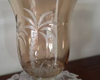 Amber Glass Urn Etched Palm Trees