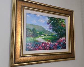 Alex Perez Style Landscape Painting with Floral Border