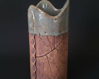 Stoneware Vase with Leaf Motif and Wavy Rim