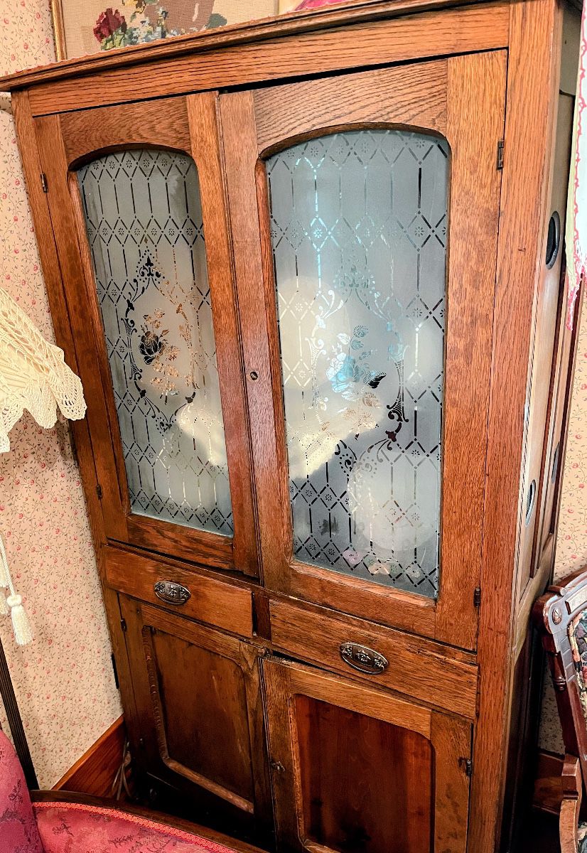 Pie safe with etched glass cabinet doors in Main House