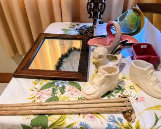Vintage mirror, vintage tea, towel, drying rack, Floral planters in guest house