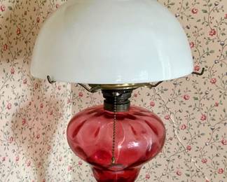 Possibly Fenton cranberry thumbprint, hurricane lamp glass shade in main house