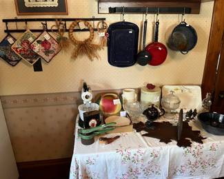 Vintage Sunbeam mixer, enamel where, wheat weaving, and other vintage kitchen items in the main house