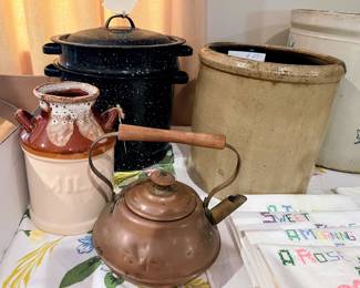 Copper tea, kettle, enamel pot with insert and crocks in guest house