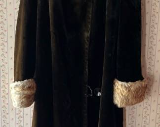 Vintage Montgomery Ward chocolate brown velvet with fur cuffs and collar coat in main house