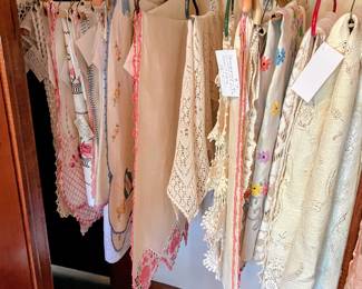 Vintage lace, tablecloths, linen tablecloths, large doilies, dresser scarves in main house
