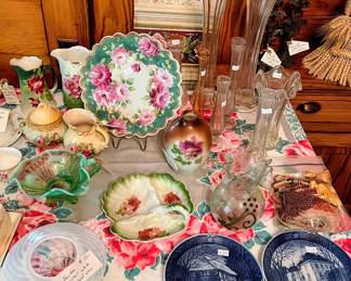Antique dishes, China, decorative plate, plates, and vases in main house