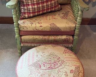 Spindle style upholstered chair with cane back chair and ottoman in guest house
