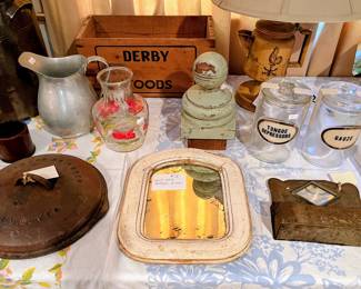 Antique mirror, finial, matchbox holder, lid, wooden crate all in guest house