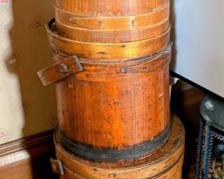 3 primitive wooden firkin buckets in main house