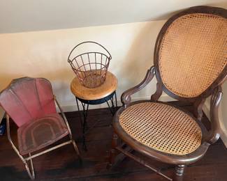 Child’s metal lawn rocker, child’s egg basket, wooden rocker with cane back & seat in main hou