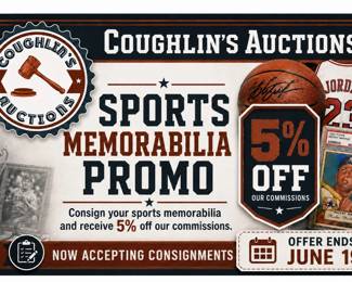 Consign your sports memorabilia with by June 19th and save 5% off our commission rates! Contact us at 586-210-8318 for more info!