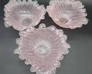 Vintage Pink Fratelli Toso Murano Glass Leaf Bowls
