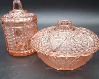 Pink Depression Glass Patterned Lidded Jars
