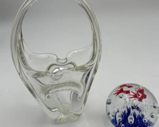 Vintage Murano Style Hand Blown Art Glass Basket And Vintage Glass Paperweight