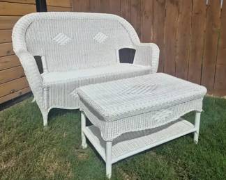 White Wicker Loveseat with Matching Ottoman