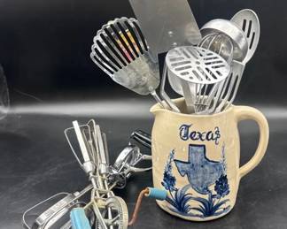 Texas Marshall Pottery Pitcher And Vintage Kitchen Tools