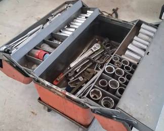 Vintage Metal Rolling Tool Box And Ratchet Kit