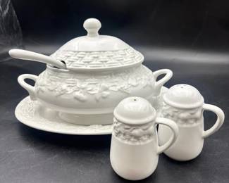 White Soup Tureen And SP Shaker Set