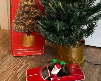 Vintage Fiber Optic Tree And Santa In Car With Rein