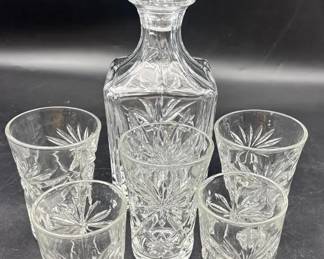 Crystal Decanter And 5 Glass Glasses
