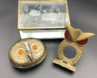 Brass Owl Magnifying Glass And Oval Trinket Box W Glass Swan Etched Box