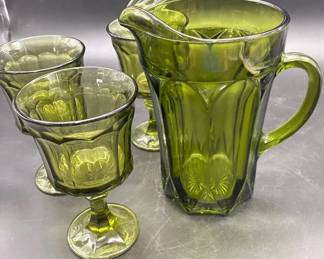 Vintage Green Glass Pitcher And 3 Glasses