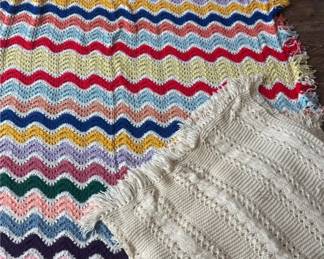 2 Afghans Crocheted 1 Colorful 1 Cream