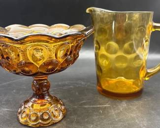 Amber Colored Glass Pitcher And Fruit Bowl