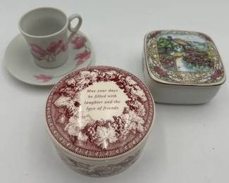 Heritage House Porcelain Music Box And Vintage Spode Trinket Dish And Teacup Set