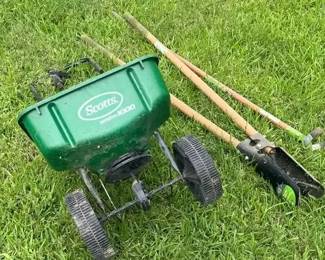 Scotts Broadcast Spreader, Post Hole Digger, and Garden Hoe
