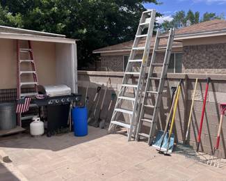 Yard tools, ladders, BBQ Grill w/2 propane tanks